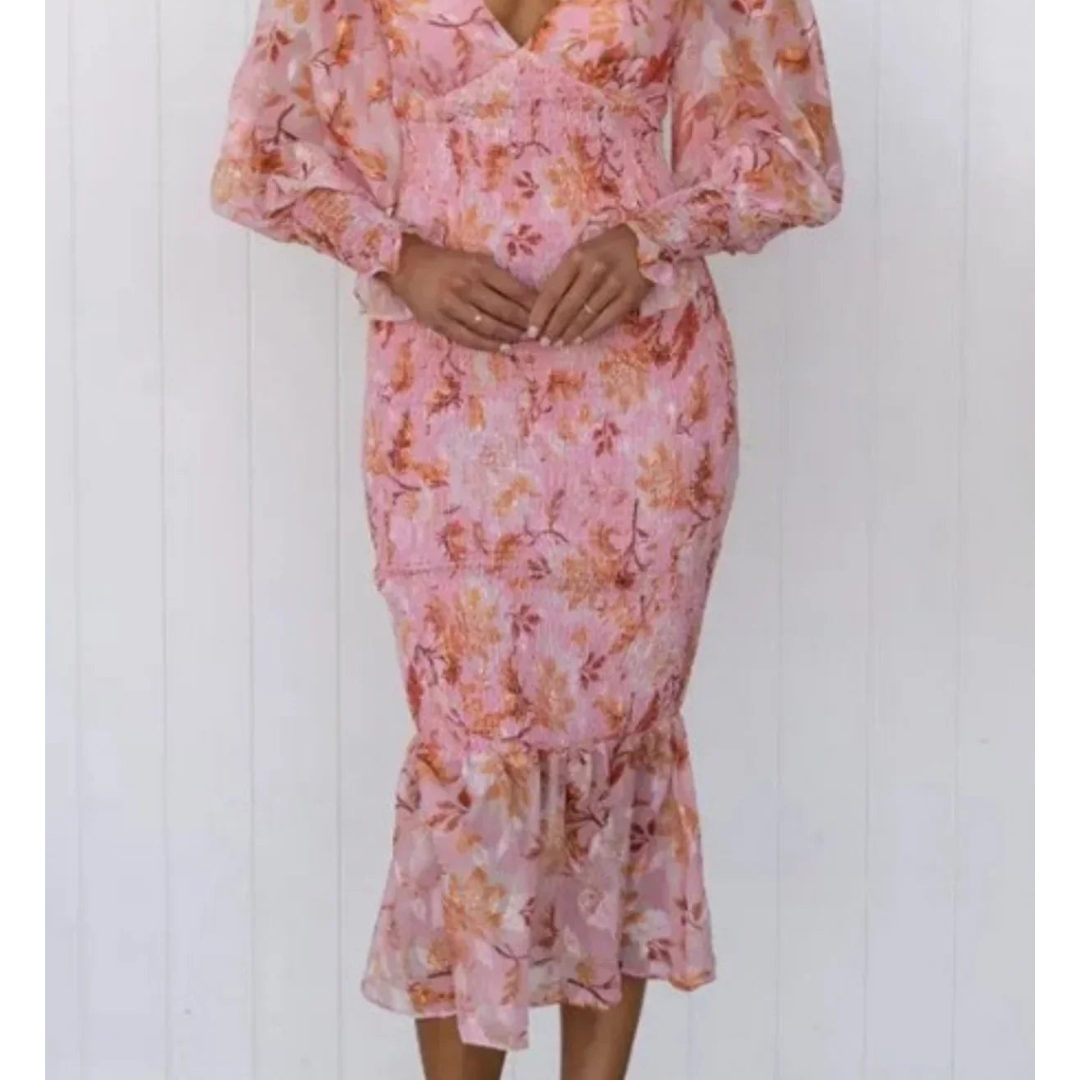 Alma | Damen Blumen Gesmokte Ärmel Kleid | Midi