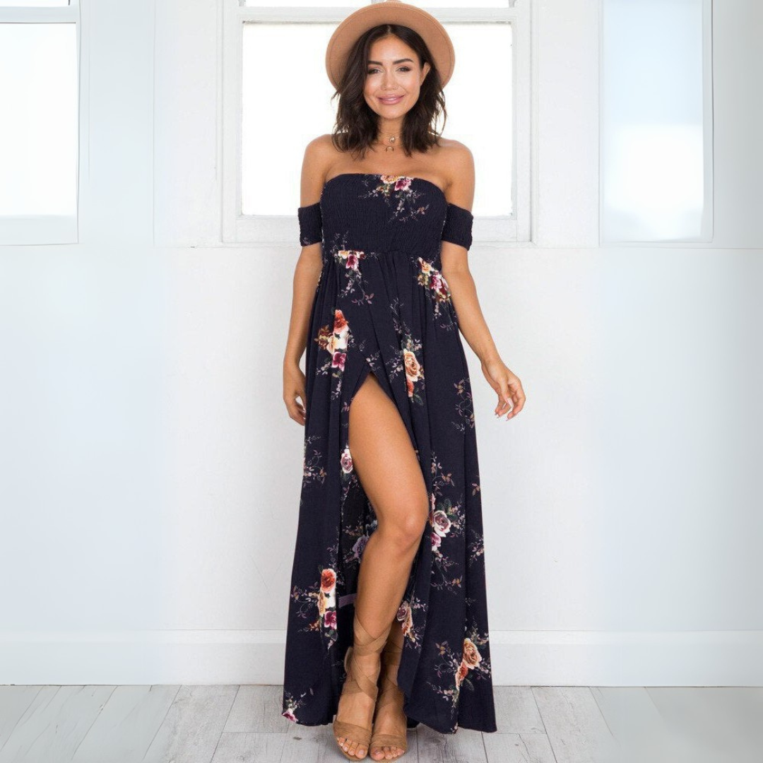 Sue | Damen Off-Shoulder Maxikleid | Blumenmuster
