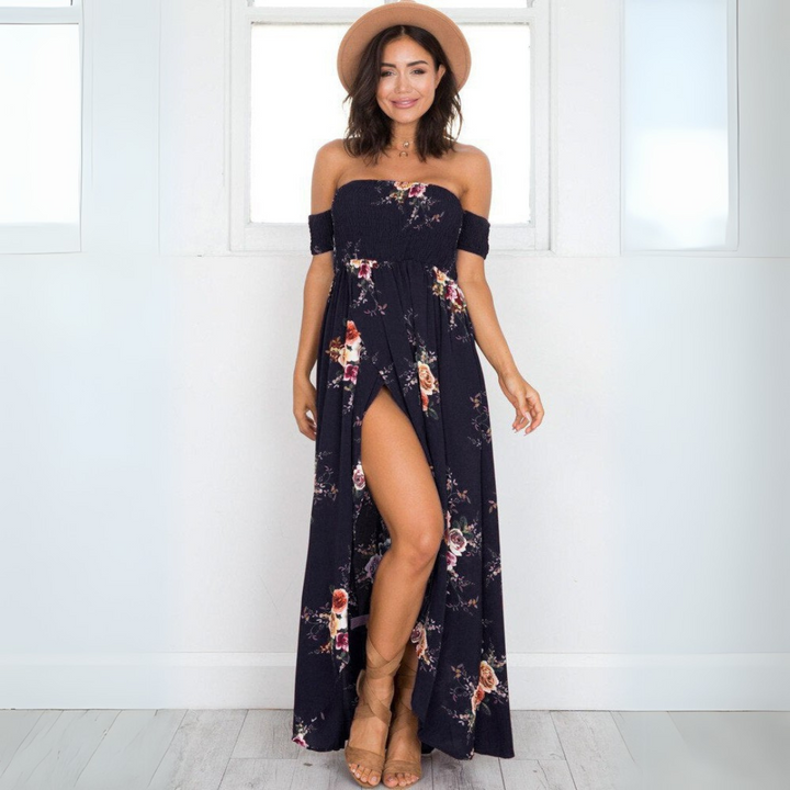 Sue | Damen Off-Shoulder Maxikleid | Blumenmuster