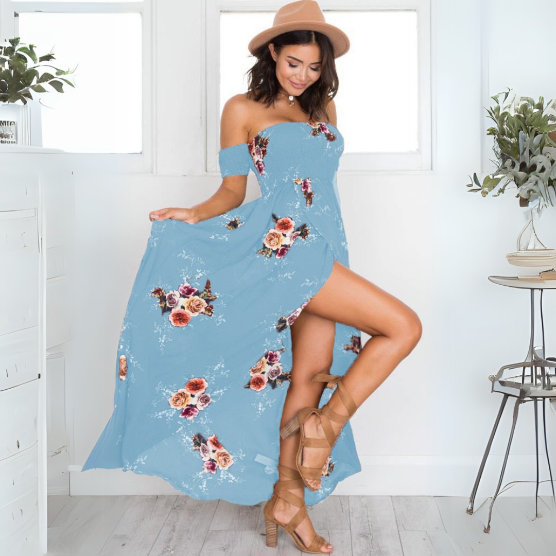 Sue | Damen Off-Shoulder Maxikleid | Blumenmuster
