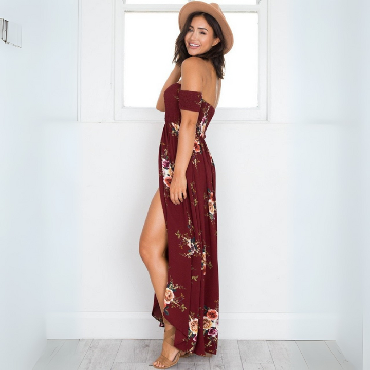 Sue | Damen Off-Shoulder Maxikleid | Blumenmuster
