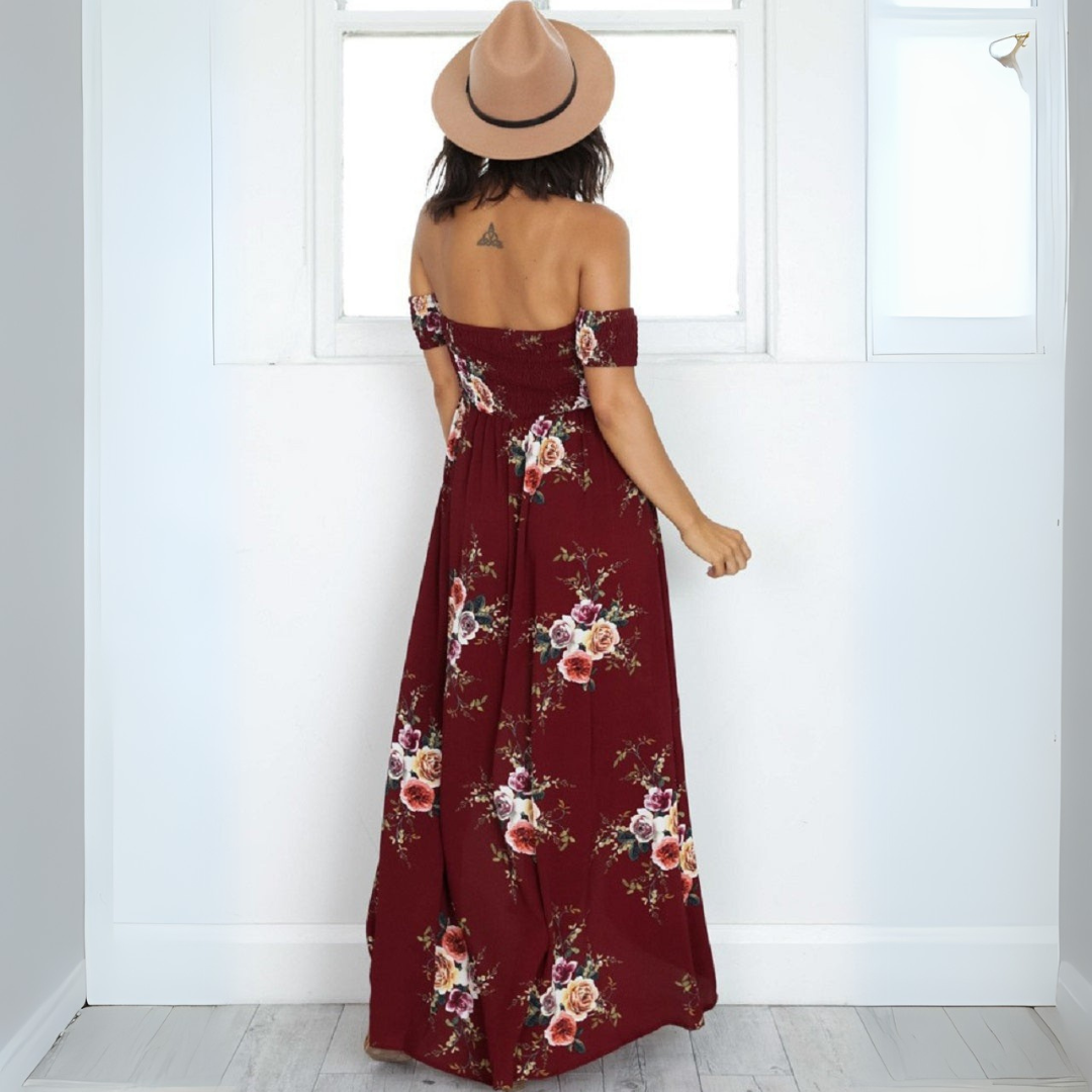 Sue | Damen Off-Shoulder Maxikleid | Blumenmuster