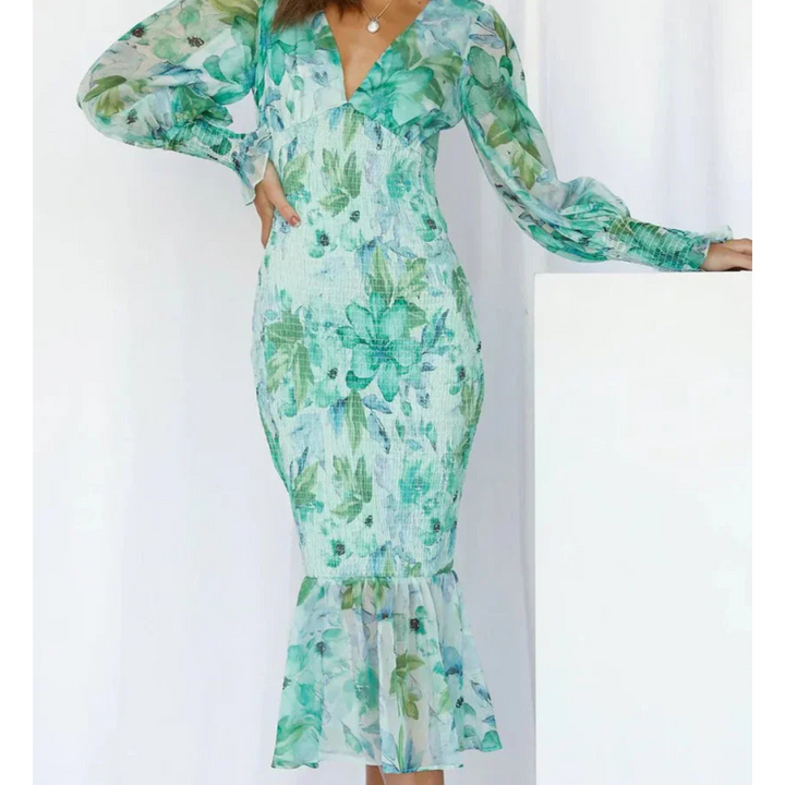 Alma | Damen Blumen Gesmokte Ärmel Kleid | Midi
