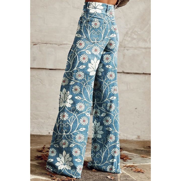 Asrid | Damen Jahrgang Lässige Blumendruck Hose | Weitem Bein