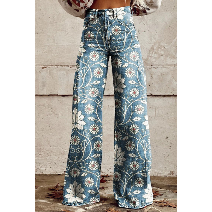 Asrid | Damen Jahrgang Lässige Blumendruck Hose | Weitem Bein