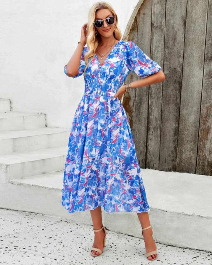 Antonnete | Midikleid mit Puffärmeln und Blumenmuster für Damen | Sommer