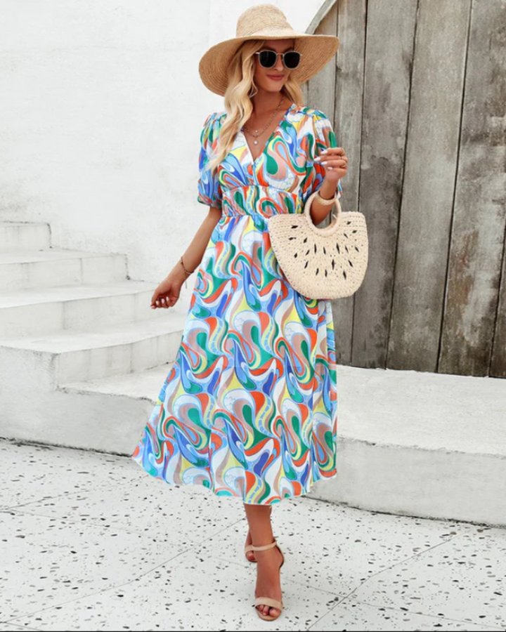 Antonnete | Midikleid mit Puffärmeln und Blumenmuster für Damen | Sommer