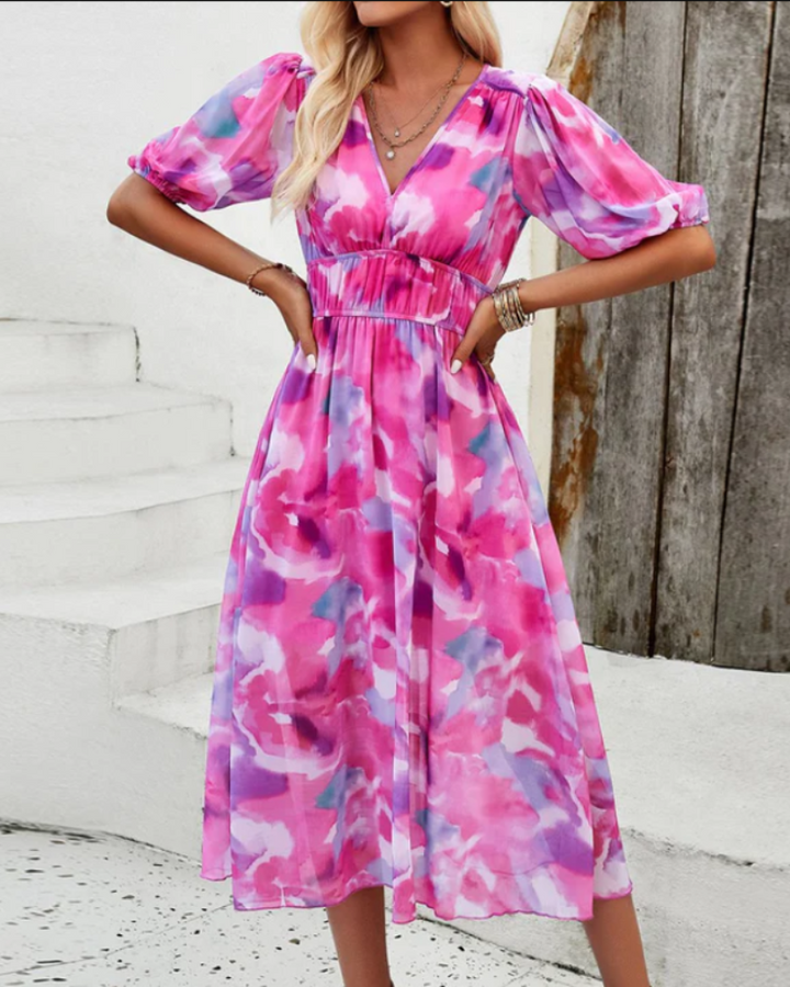 Antonnete | Midikleid mit Puffärmeln und Blumenmuster für Damen | Sommer