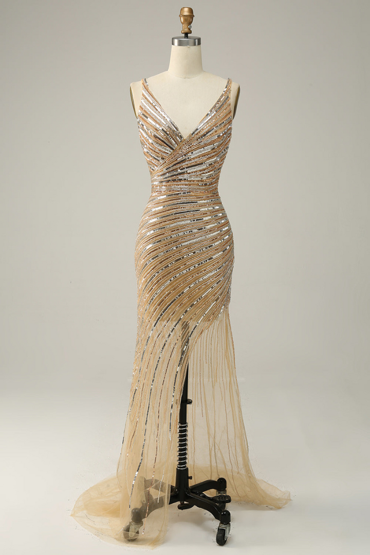 Cassie | Goldenes Rückenfreies Abendkleid mit Schlitz für Damen | Abend