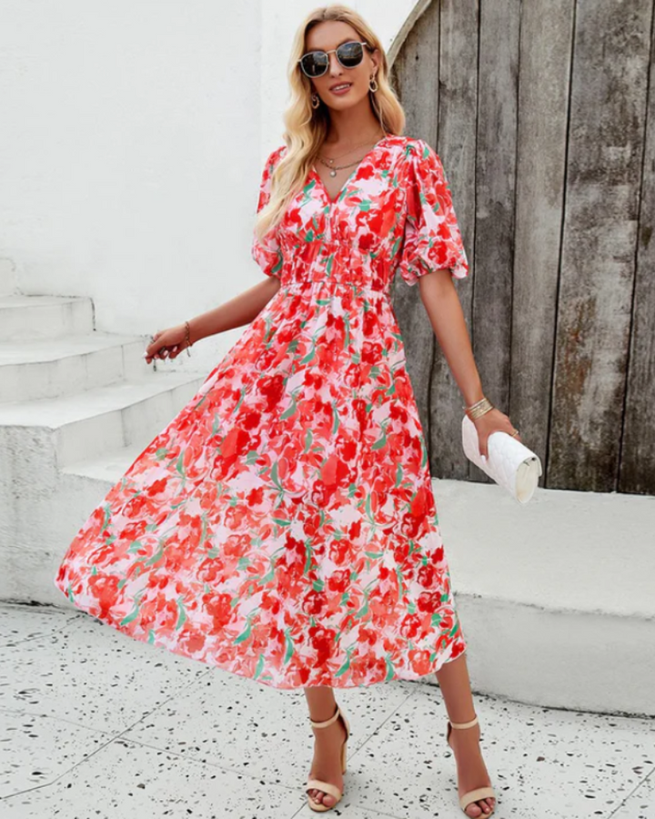 Antonnete | Midikleid mit Puffärmeln und Blumenmuster für Damen | Sommer