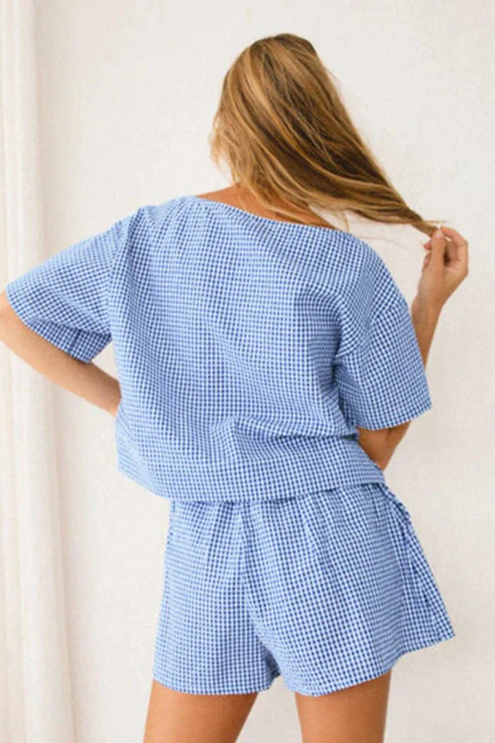 Ani | Kariertes Krawattenoberteil und Shorts für Damen | Ultraleichte