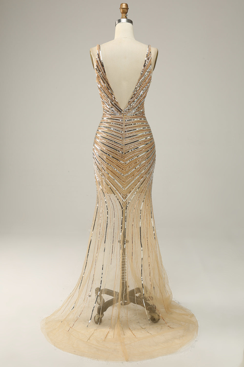 Cassie | Goldenes Rückenfreies Abendkleid mit Schlitz für Damen | Abend