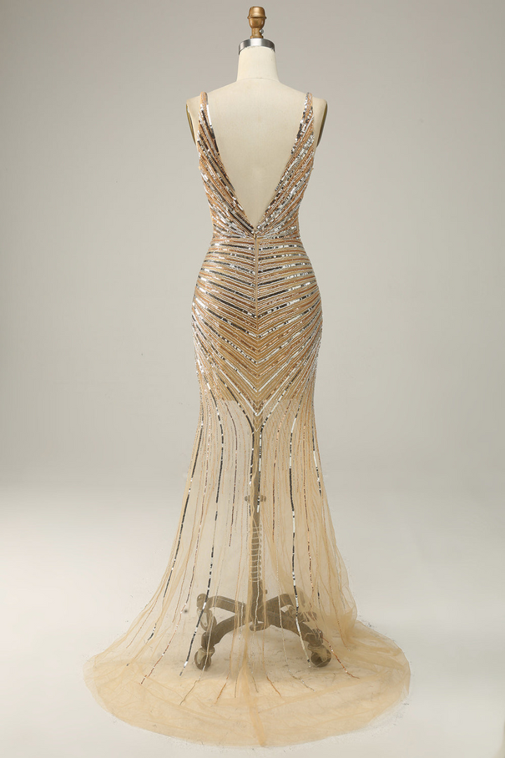 Cassie | Goldenes Rückenfreies Abendkleid mit Schlitz für Damen | Abend
