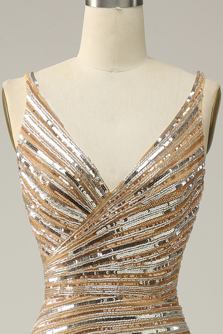 Cassie | Goldenes Rückenfreies Abendkleid mit Schlitz für Damen | Abend