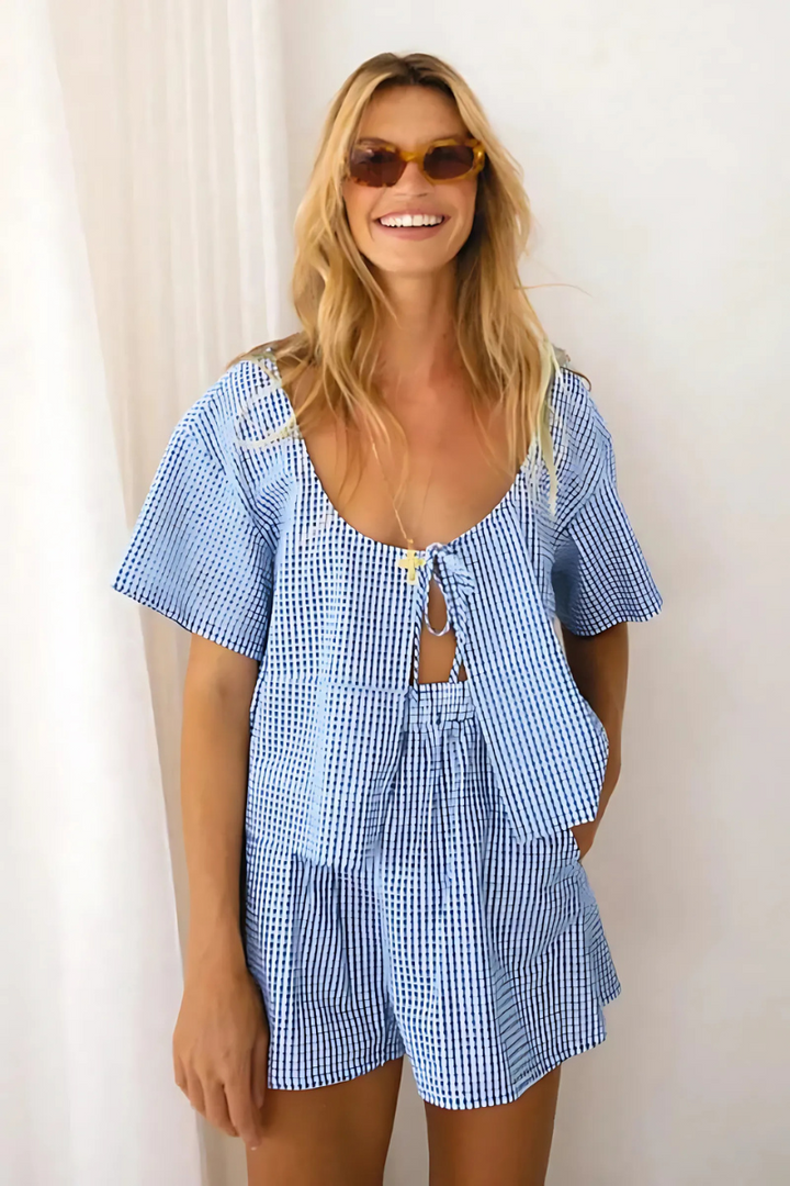 Ani | Kariertes Krawattenoberteil und Shorts für Damen | Ultraleichte